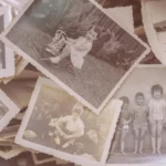 Old pictures spread on a table