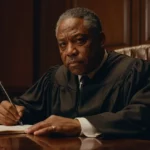 judge looking in the camera in a judgemental way