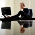 businessman sitting and using a computer with a stern look