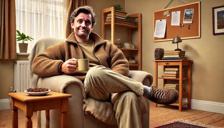 White man drinking coffee and sitting on an armchair