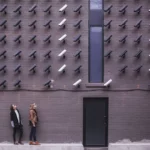Lots of CCTV cameras on a brick wall above a black door pointing at two women